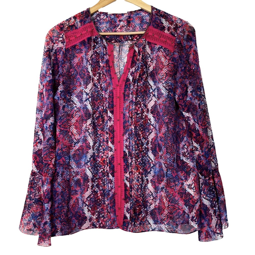 T Tahari Norma Printed Pintuck Beaded Blouse